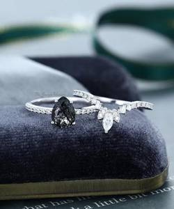 Vintage Unique Pear Black Rutilated Quartz Engagement <b>Ring</b> <b>Set</b> 14K White <b>Silver</b> Moissanite Marquise Diamond vintage <b>ring</b> bridal - Product Image 2