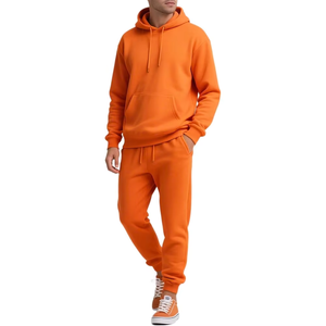 Conjunto Deportivo de Felpa con Capucha para Hombre, Color Naranja, Sudadera de Manga Larga, Pantalones con Cordón Ajustable, Bolsillos Laterales, Color Sólido, Ropa Casual - Product Image 1
