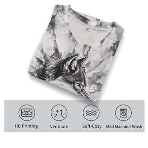 Men's Wolf Print Short Sleeve T-Shirt O-Neck Casual Regular Fit Cotton Knitted Breathable 300g Front <b>Logo</b> - Product Image 4