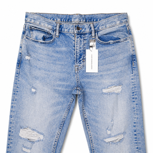 Jean en denim uni à taille mi-haute et coupe droite, délavé moyen, en coton léger, style décontracté pour homme, hiver et été - Product Image 1