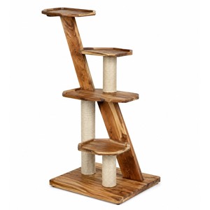 Arbre à chat rectangulaire à plusieurs niveaux en bois d'acacia |   Table pour animaux de compagnie de style moderne du milieu du siècle, fabriquée à la main, écologique, 45x45x140cm - Product Image 1