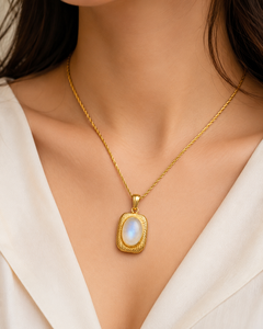 Oval Rainbow <b>Moonstone</b> Platinum Pendant Necklace with Bezel Setting Luxury Wedding Gift for Unisex Men's & Women's <b>Jewelry</b> - Product Image 2