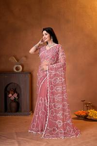 Sari de lujo rosa cebolla con red, bordado pesado de lentejuelas plateadas, diseño Bollywood, para fiestas de boda de verano indias, elástico - Product Image 2