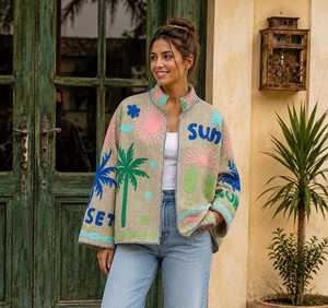 Veste en tweed brodée style bohème pour femme, motif palmiers tropicaux et soleil, idéale pour les vacances, style Suzani - Product Image 1