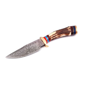 Couteau de chasse à lame fixe en acier Damas, pointe tombante, manche vert, couteau de survie pour l'extérieur avec étui en cuir - Product Image 3