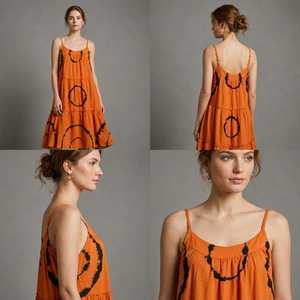 Midi <b>Dress</b> Spaghetti Strap Boho Loose Fit Tiered Hem Summer Casual Woven Cotton Bamboo Fiber Geometric Print - Product Image 2