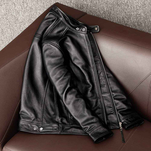 Men's <b>Black</b> Genuine Leather Moto <b>Jacket</b> Stand Collar Zipper Closure Regular Fit Solid Color Autumn Wear - Product Image 6