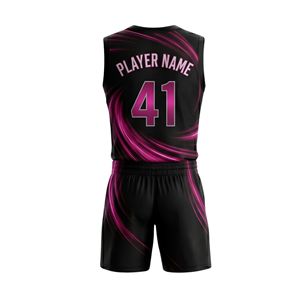 Ensemble d'uniformes de basketball sublimés avec motif graphique vectoriel noir, magenta et néon, coutures de qualité supérieure, 100 % polyester respirant - Product Image 2