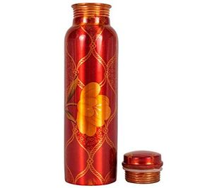 ขวดน้ำทองแดงรักษ์โลก ลายดอกไม้สีแดง พกพาสะดวก พร้อมฝาปิด - Product Image 1