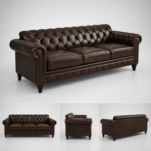 Sofá Chesterfield de Cuero Marrón Vintage de 3 Plazas con Botones y Brazos Enrollados para Sala de Estar - Product Image 3