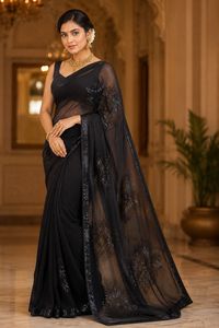 Indian Traditional Ethnic Beautiful Georgette Saree with Embroidery <b>Sequins</b> Work for Women Wedding Party Wear Elegant Outfit - Product Image 2