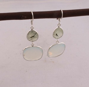 Boucles d'oreilles multi-pierres en préhnite naturelle et opalite, en argent sterling 925, facettées, forme goutte et coussin, bijoux en gros - Product Image 1