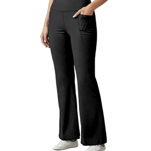 High Waist Black Solid Leg <b>Yoga</b> <b>Pants</b> <b>Pockets</b> Full Length Four-Way Stretch Elastic Spandex 100% Polyester Breathable 220g - Product Image 4