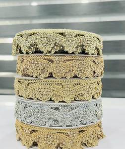 Bordure florale métallique lourde ajourée, ornements complexes en cristal de zircon, broderie de luxe écologique pour tenue de mariée - Product Image 1