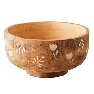 Bol de service décoratif en bois de manguier fabriqué à la main avec des sculptures florales collations et salades de fruits parfaits Design élégant décor à la maison - Product Image 1