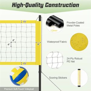 Set Rete da Pallavolo Gialla Resistente 32x3 con Pali Regolabili a 3 Livelli, Verricello Anti-Cedimento e Accessori Completi per Campo - Product Image 2