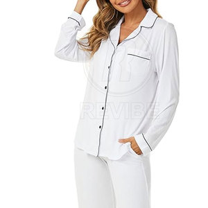 Pyjama Femme de Qualité Supérieure 100% Coton Été Décontracté Taille Élastique Longueur Intégrale Col Rabattu Manches Longues Logo Avant - Product Image 5