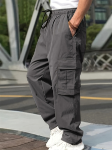Pantalon cargo ample pour homme, couleur unie, coupe ample, multi-poches, fermeture à cordon, 100% coton, séchage rapide, respirant, élastique - Product Image 3