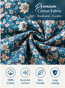Juego de Sábanas de Algodón Estampadas a Mano, Diseño Floral Azul Verdoso con Paisley, Incluye Fundas de Almohada, Estilo Boho Indio - Product Image 2