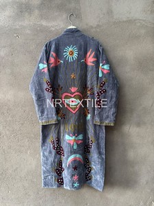 <b>Women's</b> Gray <b>Velvet</b> Long <b>Coat</b> Stand Collar Zipper Up Winter Jacket Embroidered Floral Bird Star Pattern Drop Shoulder - Product Image 2