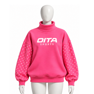 เสื้อสเวตเชิ้ตคอเต่าสีชมพูสดใสทรงโอเวอร์ไซส์สำหรับผู้หญิง แขนเสื้อประดับมุก ทรงหลวม สไตล์ลำลอง สตรีทแวร์ แขนยาว สำหรับฤดูหนาว - Product Image 1