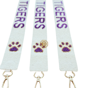 Sangle de sac brodée perlée Geaux Tigers blanc, violet, jaune, avec motif patte et quincaillerie dorée, vente en gros usine - Product Image 3