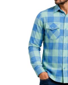 Camisa de Franela a Cuadros Azul Cielo y Verde Menta Personalizada para Hombre, Camisa Casual de Algodón a Cuadros con Botones y Manga Larga, con Bolsillos en el Pecho, Estilo Urbano - Product Image 3