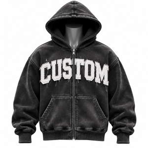 Ensemble unisexe noir 100 % coton, sweat à capuche oversize délavé avec fermeture éclair et pantalon large respirant brodé, service OEM, personnalisation de lettres - Product Image 5