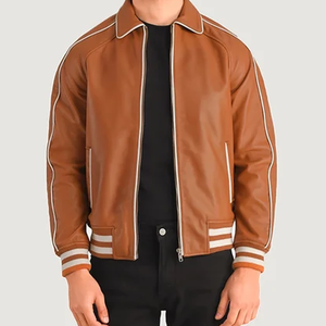 <b>Men's</b> Brown PU <b>Bomber</b> <b>Jacket</b> Turn-Down Collar Zipper Closure Casual Autumn Wear Regular Fit Solid Color Woven Shell - Product Image 1
