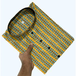 DESIGNER ALGODÓN ESTAMPADO HOMBRE WEAR KURTA CON PAYJAMA MOSTAZA - Product Image 1