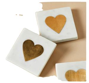 HEART SHAPED <b>Marble</b> Heart Coasters Set of 4 Natural Wood and <b>Marble</b> Mango coaster Made in India - Product Image 1