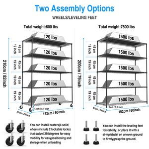 7500lbs Heavy Duty 5 Tier Metal Wire Shelving Unit 82\" H X 60\" L X 2\" Adjustable Storage <b>Rack</b> Wheels Shelf Liners <b>for</b> <b>Garages</b> - Product Image 5