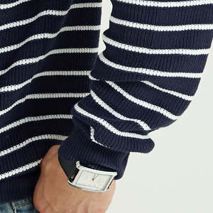 Pull-over en tricot pour homme, fabriqué sur mesure par une usine de tricots, hiver, 100% coton biologique, bleu marine rayé, col rond, long, pour homme - Product Image 6