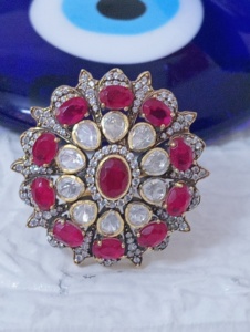 Flower Shape Classic <b>Cocktail</b> <b>Ring</b> Red Doublet Stone <b>Gold</b> Plated Women's Wedding Jewelry Gift Ethnic Style Adjustable - Product Image 2