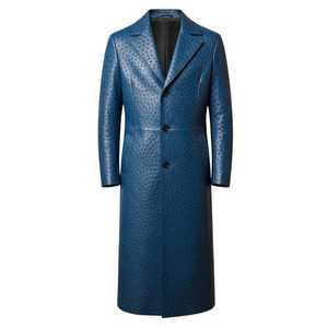 Manteau long élégant bleu en cuir de vachette gaufré effet autruche, col rabattu, artisanat de qualité supérieure, motif tendance, look décontracté, best-seller - Product Image 1