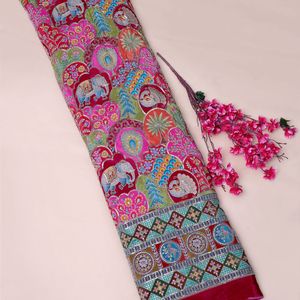 Exquisita Tela Crepé Ligera de 54 Pulgadas con Bordado de Lentejuelas en Tonos Magenta Baya, Elefante y Pavo Real, Material para Kurti - Product Image 3
