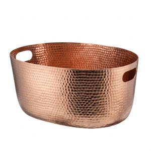 Vintage Style Metal Oval Storage <b>Bin</b> Rustic Gold Hammered Basket Tub Container with Side Handles For Bar Accessories - Product Image 2