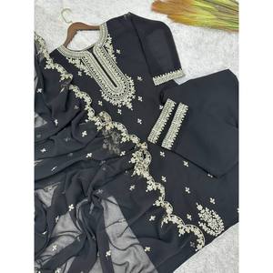 Ensemble de costume pour femme HK, haut et bas noirs et dupatta, avec broderie et travail de séquence de perles, taille M - Product Image 2