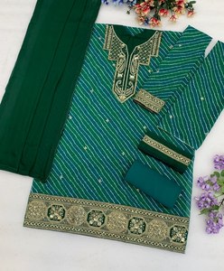Salwar Kameez vert brodé pour femme avec dupatta, tenue traditionnelle indienne et pakistanaise, coupe ample, longueur au sol, en polyester - Product Image 3