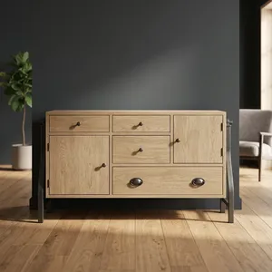Aparador Industrial de Madera con Patas Metálicas, 4 Cajones, 2 Puertas, Roble Claro, Mueble de Almacenamiento para Sala de Estar - Product Image 3