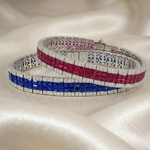 High Quality workmanship design 18K Solid Gold Natural Diamond Royal Blue sapphire princess cut Soft <b>Bracelet</b> for Party - Product Image 5
