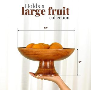 Corbeille à fruits en bois avec support sur pied – Décoration de table décorative |   Bol de service central de style farmhouse pour comptoir de cuisine - Product Image 4