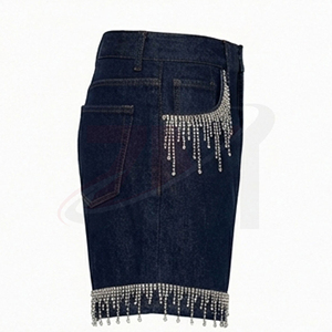 Shorts de Mezclilla de Cintura Alta con Decoración de Flecos con Cuentas, Lavado Oscuro, Estilo Casual, Ropa de Verano para Hombre, Shorts de Mezclilla con Pedrería - Product Image 3