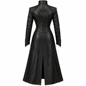 Womens Black <b>Leather</b> Duster Coat Buckle Metal Clasp Stand Collar Zip Up Long Trench Overcoat Custom Oem Supply - Product Image 2