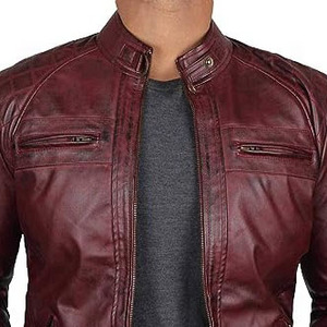 Chaqueta de Motero para Hombre en Cuero Genuino Color Borgoña, Cuello Alto, Cierre de Cremallera, Corte Ajustado, Estilo Moto, para Otoño, Impermeable y Transpirable - Product Image 2