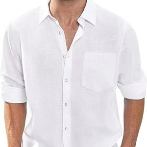 Chemisier Homme Vintage 2026 à Manches Longues en Coton et Lin, Respirant, Tricoté, Teint Uni, Personnalisable, Décontracté pour Printemps/Automne - Product Image 1