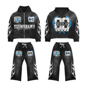 Conjunto de chándal para hombre de talla grande de felpa francesa de 500 GSM con logotipo personalizado, sudadera con capucha con cremallera y pantalones acampanados con lavado ácido. - Product Image 6