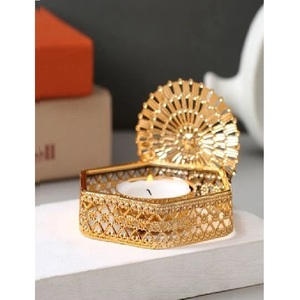 Gold Hexagonal <b>Tea</b> Light Holder with Fan Lid Brass <b>Candle</b> Holder for Home Decoration Heat Resistant Metal <b>Candle</b> Stand - Product Image 1