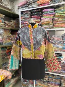 Indian Vintage Kantha Stitched Breathable Cotton Reversible Quilted Winter Jacket - Product Image 6
