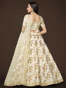 Cream Floral Embroidered Lehenga Set V Neck Short Sleeve Blouse Full Skirt Evening Dress <b>Bride</b> Wear - Product Image 2